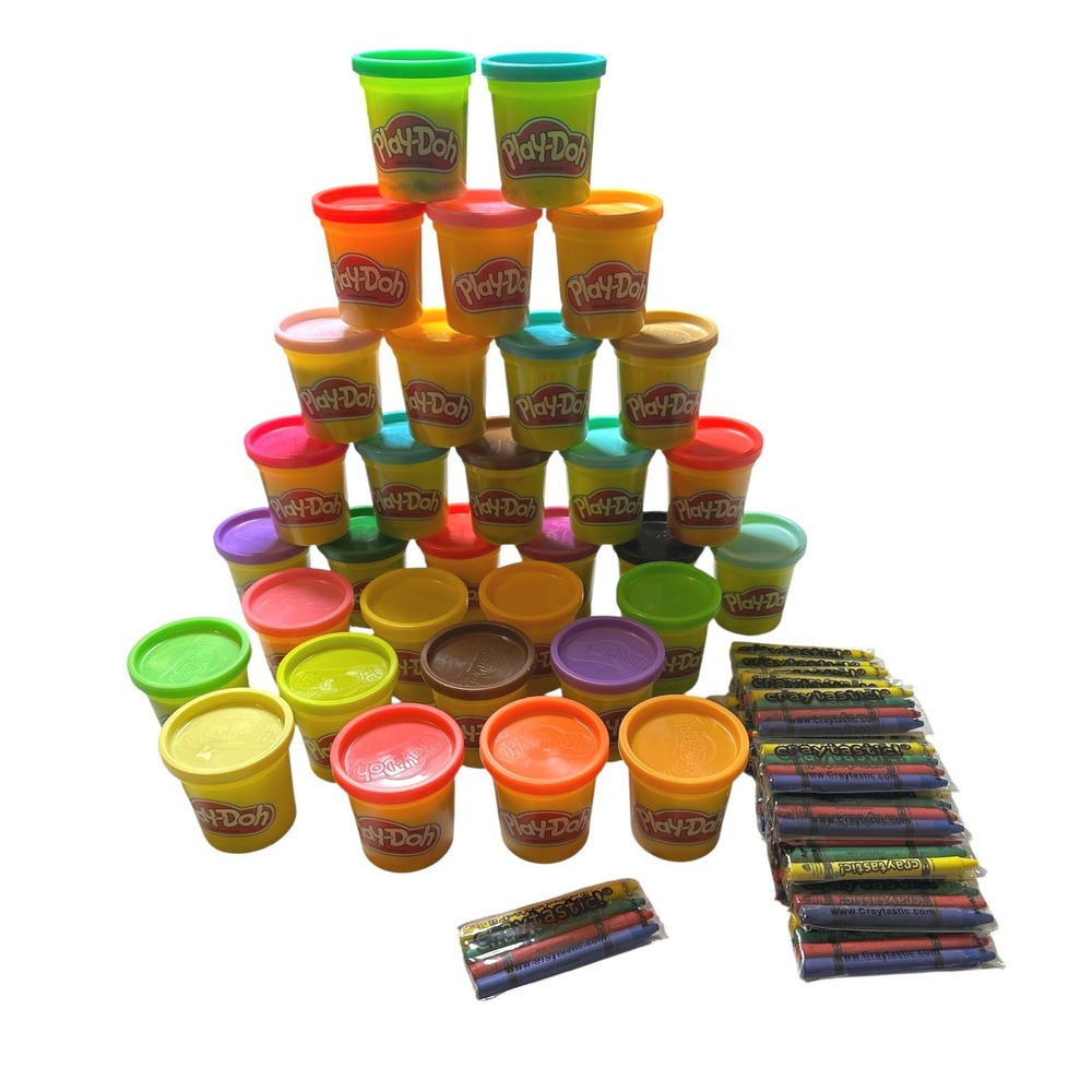 Play-Doh 32 Can Bulk Lot Rainbow Colors 3oz + 21 Craytastic 4 count Crayon Packs